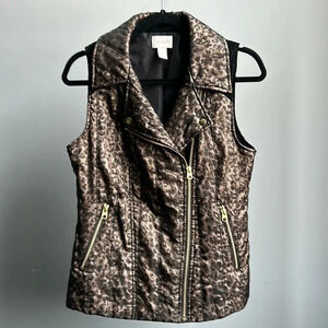 Chico’s Women’s Leopard Print Velveteen Mix Insulated Moto Metallic Vest